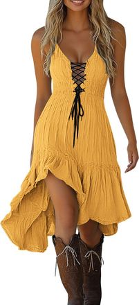 Generic Summer Dresses for Women Linen Casual Sleeveless V Neck Midi Dress Solid Sexy Flowing Lace Holiday Beach Sundress Summer Dress for Women UK Yellow S