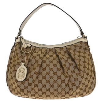 Gucci Sukey Hobo Gg Canvas With Leather Beige Canvas Handbag (Pre-Owned)