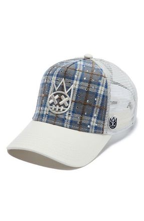 Cult of Individuality Shimuchan Logo Plaid Flannel Trucker Hat in Blue Plaid at Nordstrom