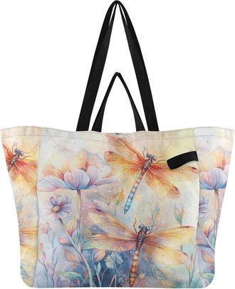 Generic Flower Dragonfly Orange pattern Reusable Canvas Tote Bag, Heavy Duty Grocery Shopping Bag with Hard Bottom Double Handles Large Capacity Work Grocerie