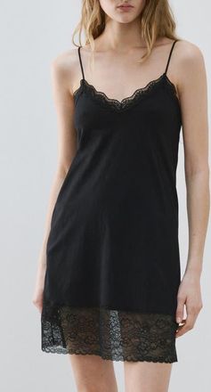 Mango Lace Trim Jersey Chemise in Black at Nordstrom, Size Large