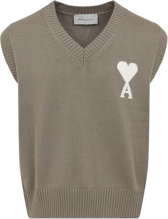 Ami Taupe V Neck Logo Sweater