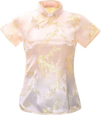 ACVIP Womens Plum Blossom Brocade Qipao Top Stand Collar Short Sleeve Chinese Shirt Blouse (UK 14/Chinese 2XL, Light Champagne)
