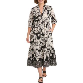 London Times Floral Tiered A-Line Midi Dress in Black/Ivory at Nordstrom Rack, Size 2 X