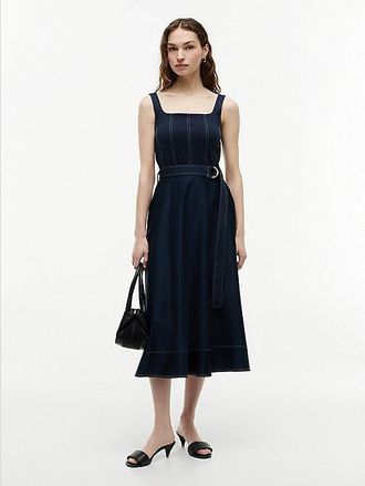 Tommy Hilfiger Topstitch Square Neck Belted Midi Dress