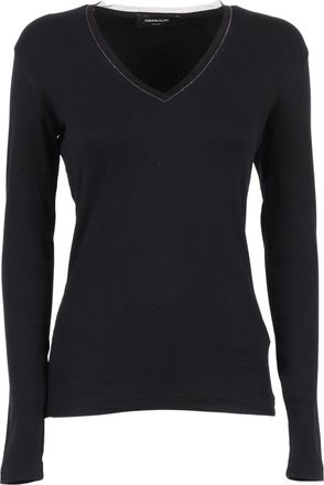 Fabiana Filippi Ribbed Cotton V Neck Long Sleeve T-shirt With Tulle Trim
