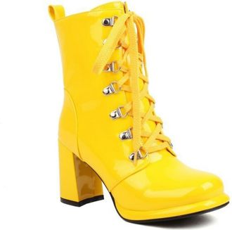 Generic Womens Chunky High Heel Platform Boots Lace Up Short Boots with Side Zipper Round Toe Patent Leather Ankle Boot,Yellow,7.5 UK