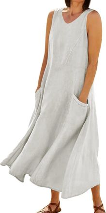 Generic Dresses That Hide Belly Bulge Summer Cotton Linen Solid Color Crew Neck Sleeveless Dresses Tunic Tank Dress with Pockets Ladies Occasion Dress (White,