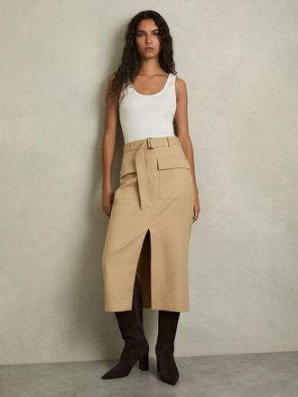 Reiss Oakley Pencil Skirt Plain, Camel Size: 14