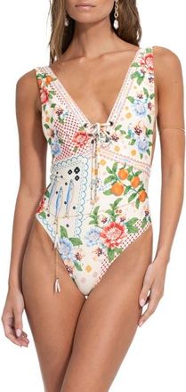 Agua Bendita Priscila Basket Lace-Up One-Piece Swimsuit in White at Nordstrom, Size X-Large