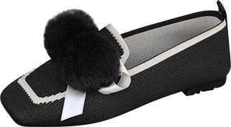 Generic Black Womens Slip-On Flats with Playful Pom Pom Detail, Breathable Mesh Material, Comfortable for Long Wear in Warm Seasons