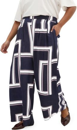 City Chic Hallie Print Pull-On Wide Leg Pants in Sleek Stripes Navy at Nordstrom, Size Xxxs