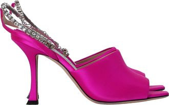 Jimmy Choo London Saeda 90 Sandals with Crystal Chain Embellishment in Pink Satin