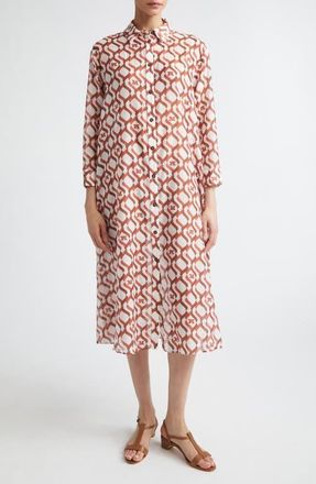 Max Mara Beachwear Monogram Print Long Sleeve Cotton & Silk Voile Shirtdress in White at Nordstrom, Size 10