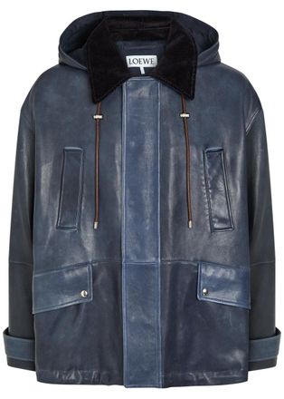 Loewe Hooded Panelled Leather Jacket - Navy - 48 (IT48 / M)