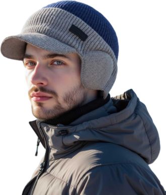 Generic Yuan Winter Hat, Winter Knitted Baseball Cap for Men, Fleece Lined Thick Knitted Hat with Ear Flaps (Blue)