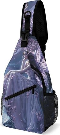 Generic Fairy Beauty Moon Cherries Flowers Mens Crossbody Chest Sling Bag for Travel Hiking Lightweight Shoulder Bags with Small Side