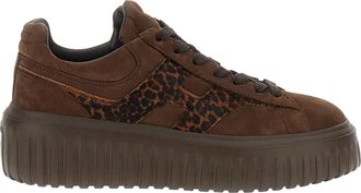 Hogan Brown H-Stripes Suede Leopard Sneakers