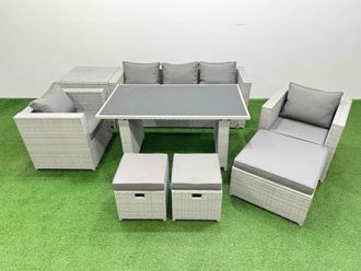 Fimous Garden Furniture Sets with Black Glass Top Dining Table 3 Seater Sofa in Light Grey
