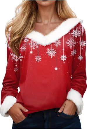 Generic Christmas Long Sleeve Jumper for Women UK Casual Fleece Round Neck Shirts Snowflakes Sweatshirt Christmas Tree Print Tops Xmas Winter Autumn Sweater H