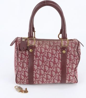 Dior Beige Red Color Wine Leather Canvas Handbag Tote Bag (Pre-Owned)
