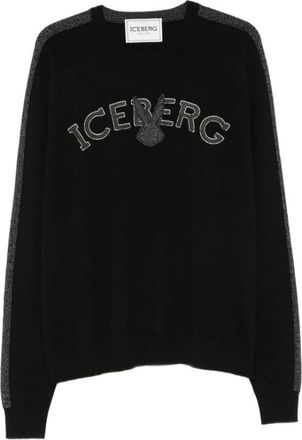 Iceberg Trui met logo-borduurwerk en zijstreep - Heren - Ronde hals truien - Zwart - L - Truien & Vesten