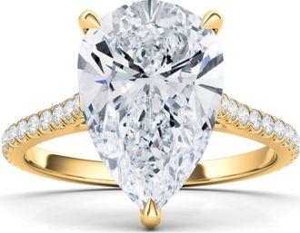 HauteCarat Pear Cut Pavé Lab Grown Diamond Ring in 2.50 Ctw 18K Yellow Gold at Nordstrom, Size 7.5