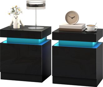 HOMCOM Homcom Set 2 Comodini Moderni A Luci Led Con 2 Cassetti In Legno Nero Lucido
