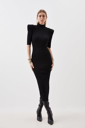 Karen Millen Rib Knit Power Shoulder Maxi Dress in Black at Nordstrom, Size X-Small
