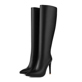 Generic Black,6.5 UK,Womens Leather PU Knee High Boots Side Zipper Pointed Toe Comfy Stiletto Heels Tall Boot Fall Winter Dress Shoes