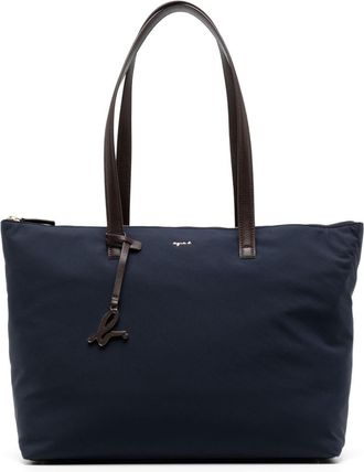 agn&egrave;s b. logo-plaque leather-trim tote - women - Nylon/Calf Leather - OS - Blue