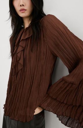 Mango Busa Ceci Ruffle Crinkle Top in Brown at Nordstrom, Size 8