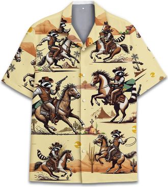 Generic Raccoon Cowboy Mens Hawaiian Shirt, Tropical Raccoon Hawaiian Shirt Casual Button Down Holiday Beach Summer Short Sleeve Shirt Shirts2737