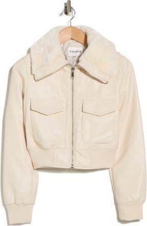 Vigoss Faux Fur Collared Faux Leather Dad Bomber Jacket in Creme/Crme at Nordstrom Rack, Size X-Large