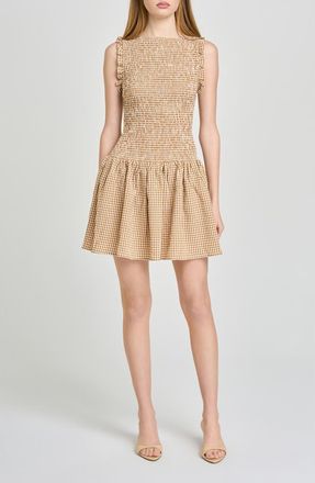 Wayf Esme Gingham Smocked Bodice Drop Waist Minidress in Tan at Nordstrom, Size X-Small