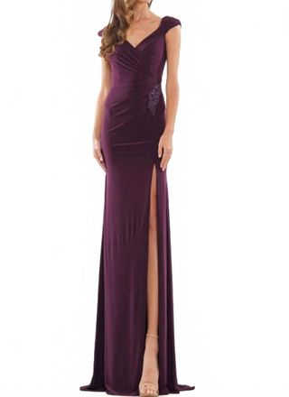 Colors Dress Cap Sleeve Jersey Gown In Aubergine