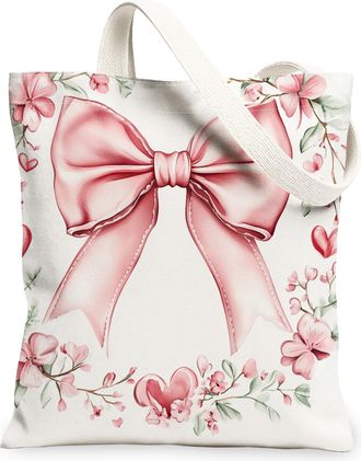 Generic Floral Bow Canvas Tote Bags, Vintage Flower Design Reusable Grocery Bags, Lightweight Washable Shoulder Strap Canvas for Spring Outdoor Travel Beach P