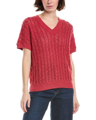 Eleventy Half-Sleeve V-Neck Linen-Blend Sweater