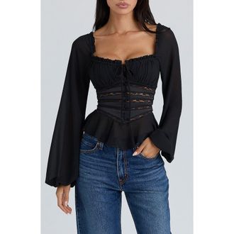 House of CB Cara Long Sleeve Georgette Top in Black at Nordstrom, Size X-Small A