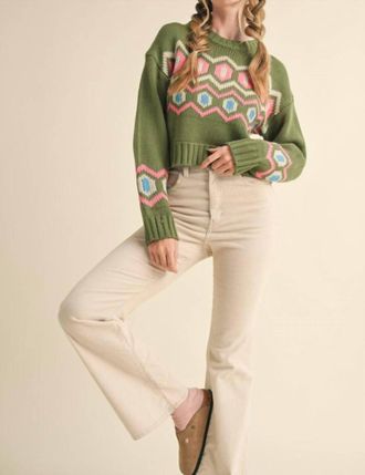 Merci Stay Cozy Geometric Pattern Sweater In Olive