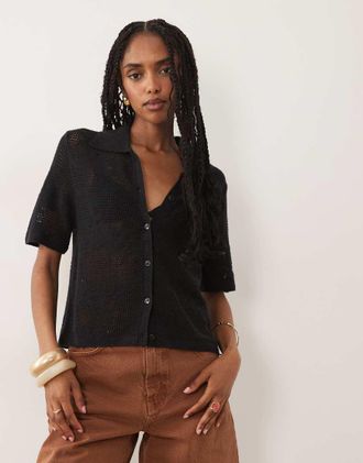 Abercrombie & Fitch Top in maglia traforata nero con bottoni