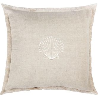 Anaya with Love Seashell Beige Embroidered Linen Fringe Pillow with Down Alternative Insert at Nordstrom, Size 20X20