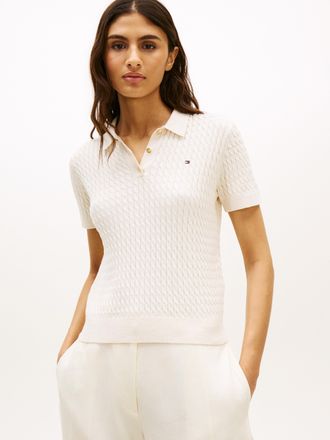 Tommy Hilfiger Poloshirt TOMMY HILFIGER CO CABLE POLO-NK SS SWEATER, Damen, Gr. L (42/44), heather ivory petal, Single Jersey, Obermaterial: 100% Baumwolle, meliert,