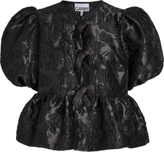 Ganni Floral Peplum Satin Cloqu&eacute; Blouse - Black - 34 (UK6 / XS)