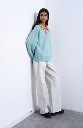 Topshop Marled Contrast Johnny Collar Sweater in Medium Blue at Nordstrom, Size X-Small