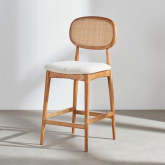 Maisons du monde Taburete de cocina de madera de caucho y rejilla de rat&aacute;n 65 cm