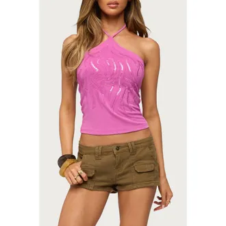 Edikted Rimona Sequin Halter Top in Pink at Nordstrom, Size X-Small