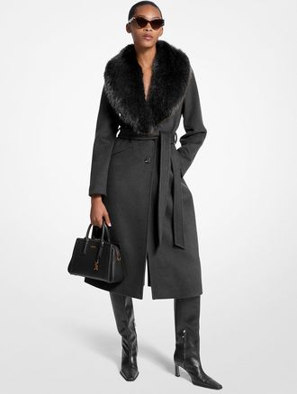 Michael Kors Faux Fur Trim Wool Blend Coat