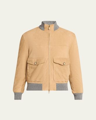 Brunello Cucinelli Mens Suede Knit-Trim Bomber Jacket
