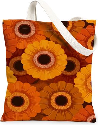 Generic Fall Floral Canvas Tote Bags, Colorful Flower Pattern Reusable Grocery Bags, Vintage Rustic Lightweight Washable Shoulder S, Orange, 13x15 Inch
